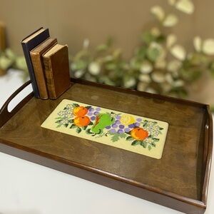 Vintage Large Needlepoint Under Glass Wood Serving Home Decor Tray with Handles